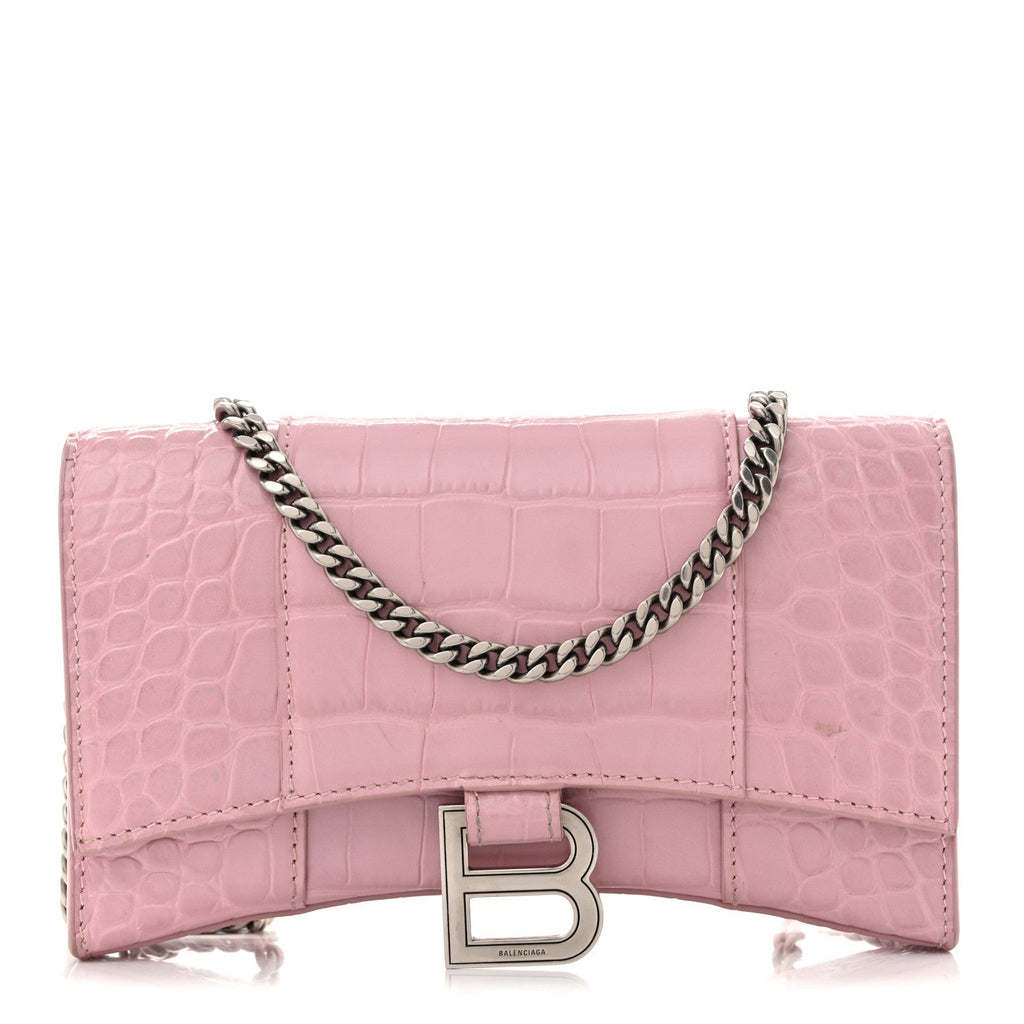 Shiny Calfskin Crocodile Embossed Hourglass Chain Bag Powder Pink