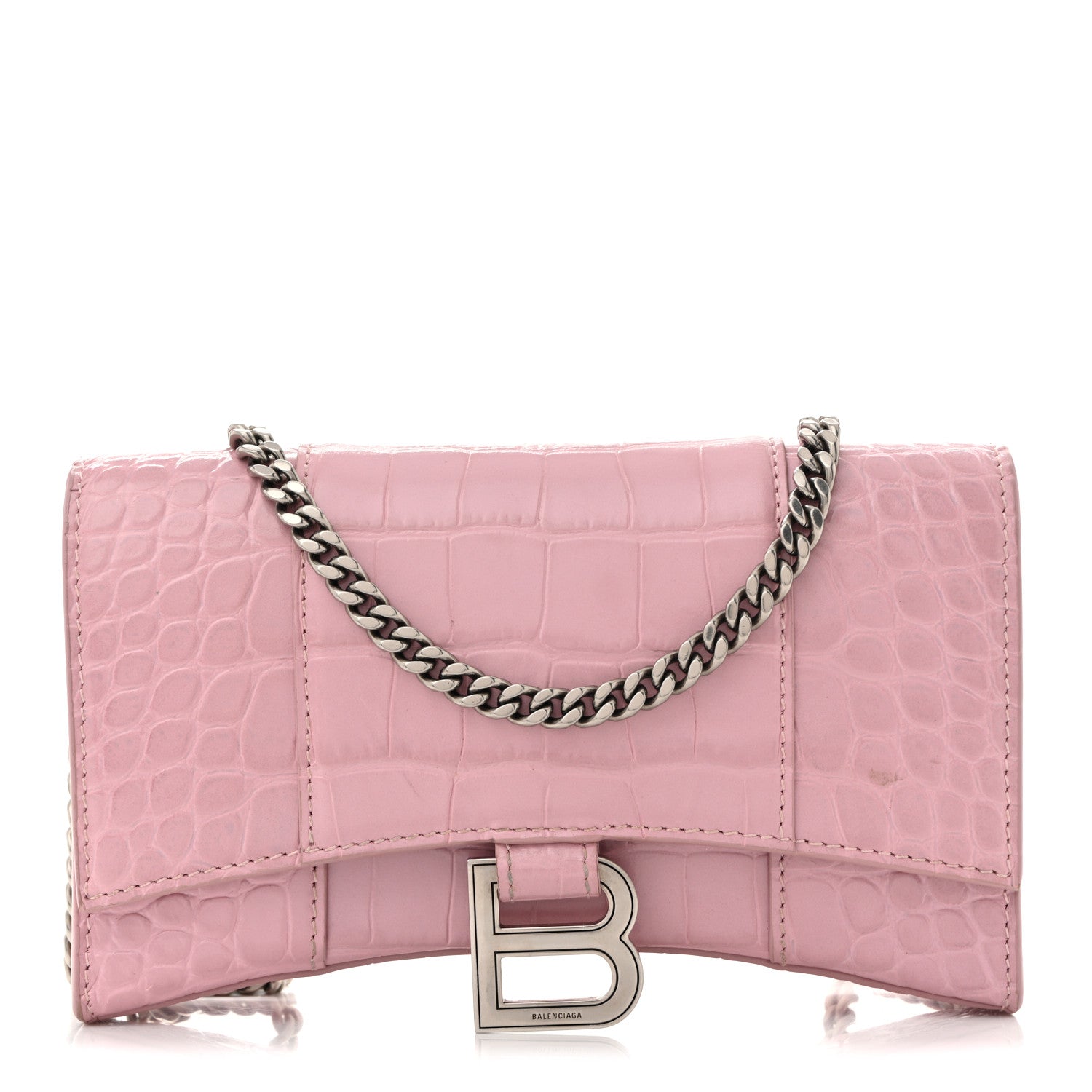 Shiny Calfskin Crocodile Embossed Hourglass Chain Bag Powder Pink