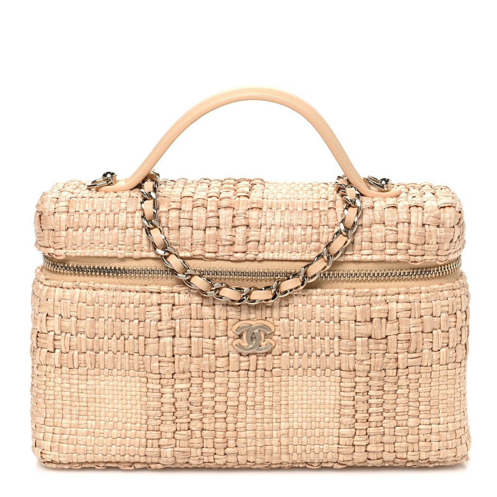 Braided Raffia Quilted Top Handle Slim Vanity Case With Chain Beige