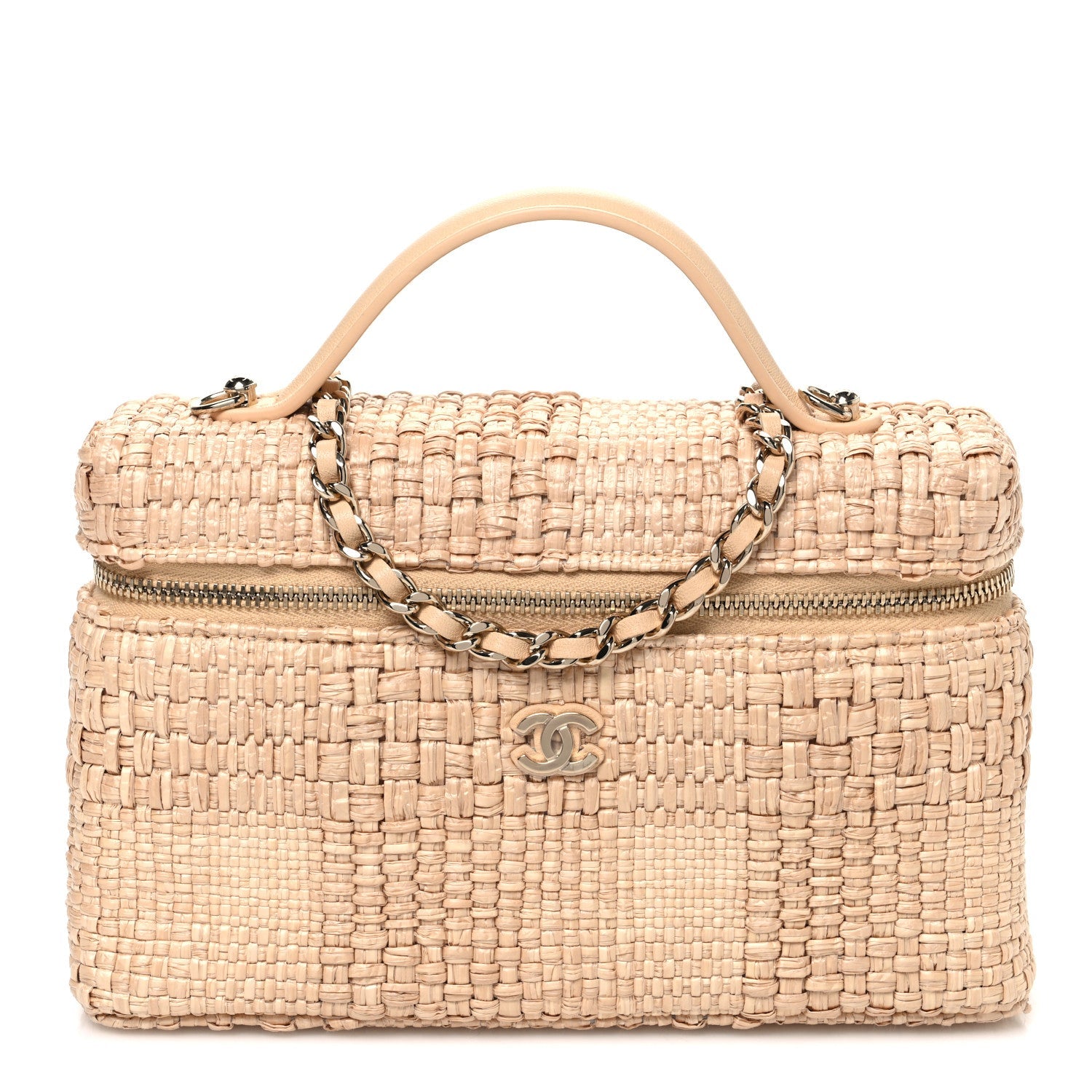 Braided Raffia Quilted Top Handle Slim Vanity Case With Chain Beige