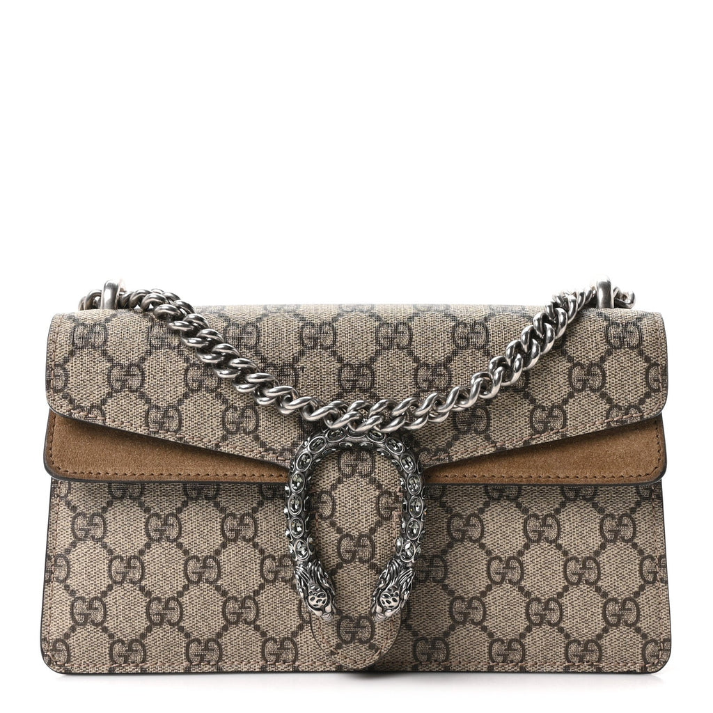 GG Supreme Monogram Suede Crystal Small Dionysus Shoulder Bag Beige Ebony Taupe