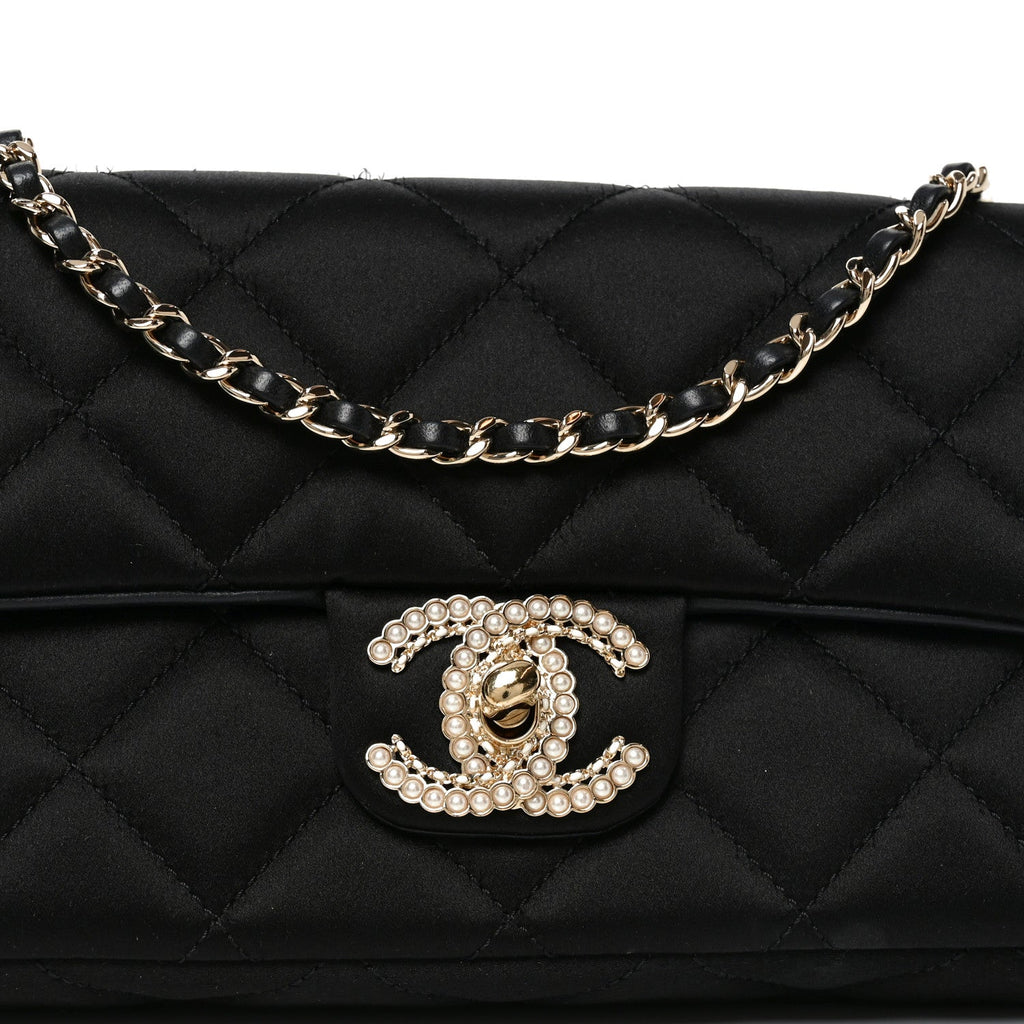 Satin Quilted Pearl CC Flap Clutch Black