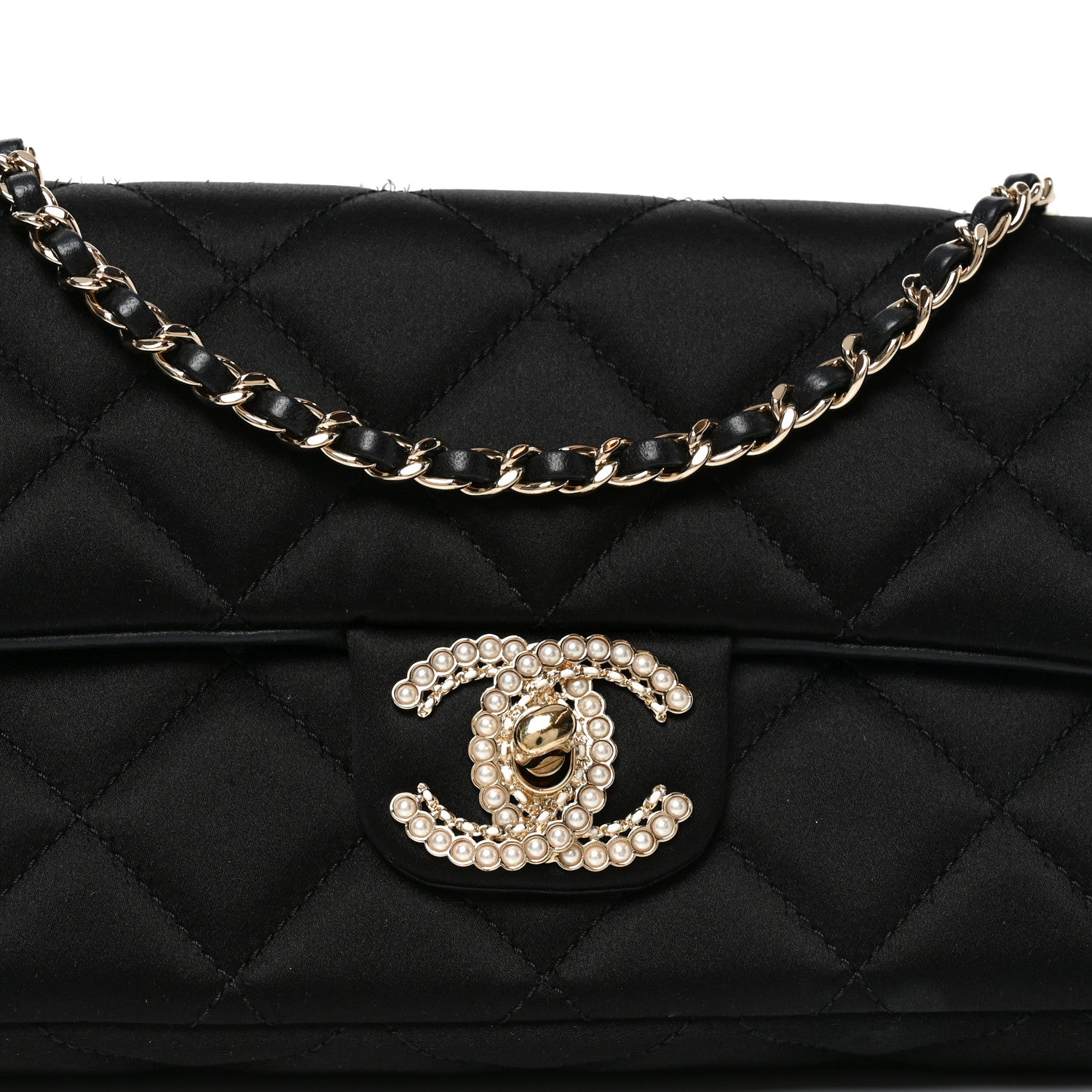 Satin Quilted Pearl CC Flap Clutch Black