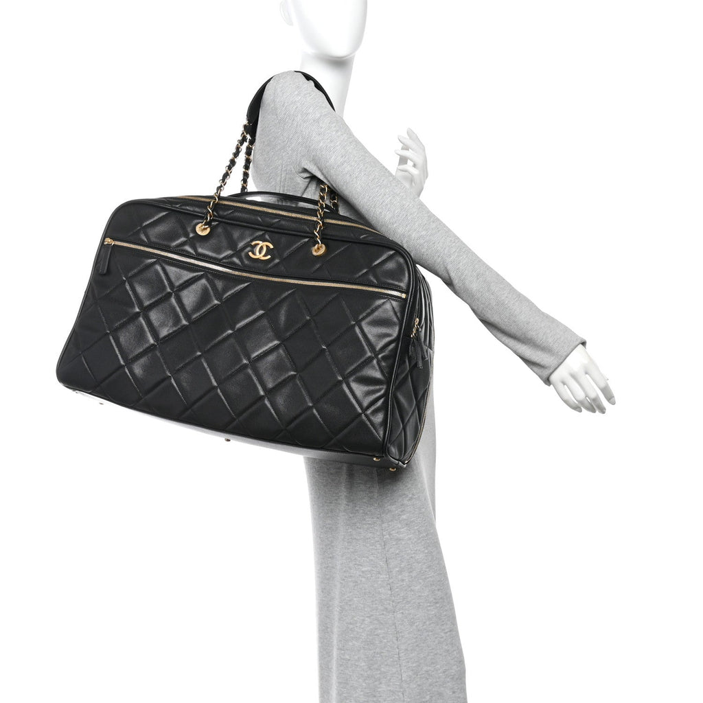 Shiny Grained Calfskin Quilted Large Travel Bowling Bag Black