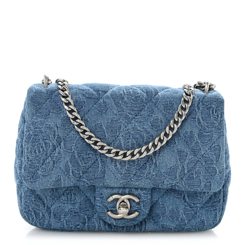 Denim Quilted Camellia Sweetheart Mini Flap Blue