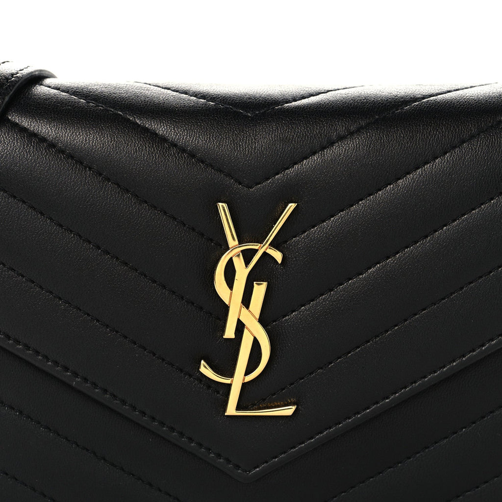 Calfskin Matelasse Chevron Monogram Envelope Chain Wallet Black