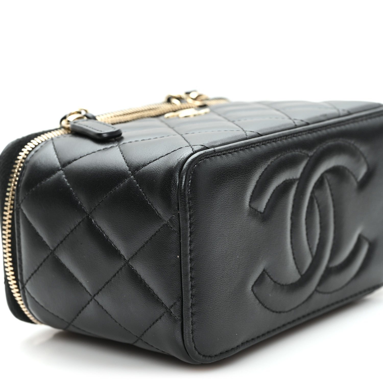Lambskin Quilted Small Top Handle Vanity Case With Chain Black