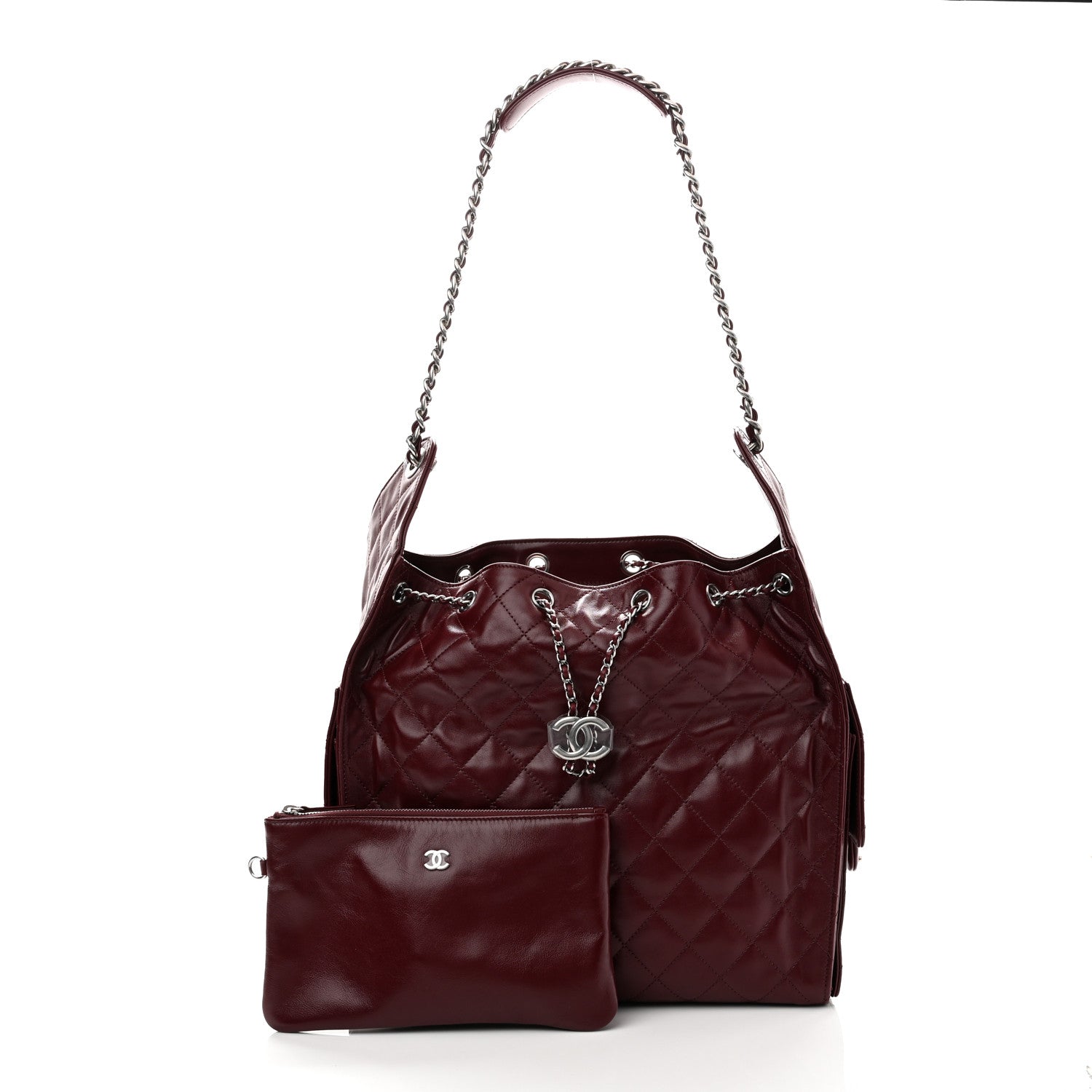 Shiny Crumpled Calfskin Quilted Medium Chanel 25 Handbag Dark Burgundy