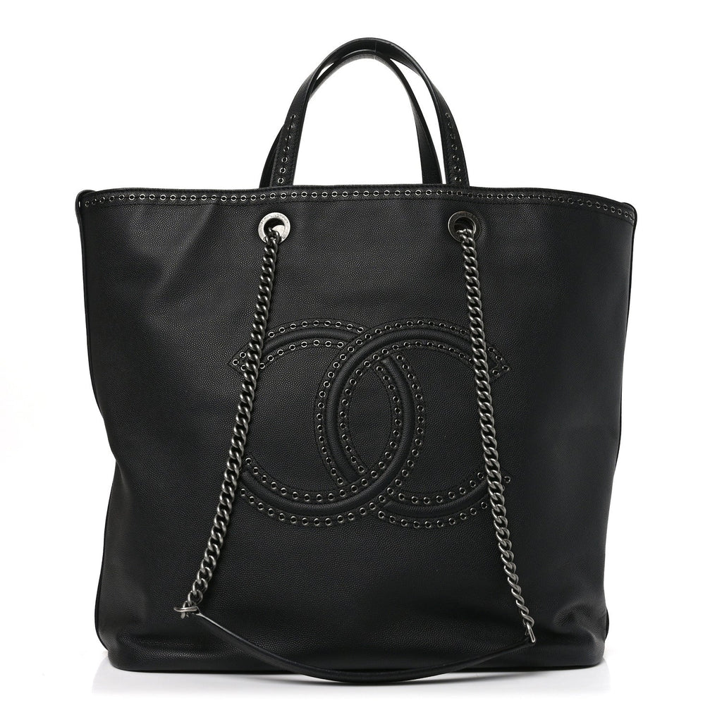 Calfskin Large Coco Eyelets Shopping Tote Black
