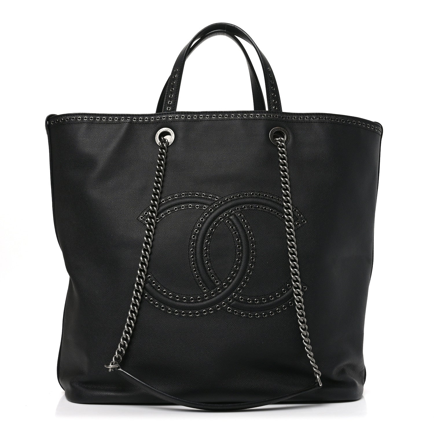 Calfskin Large Coco Eyelets Shopping Tote Black