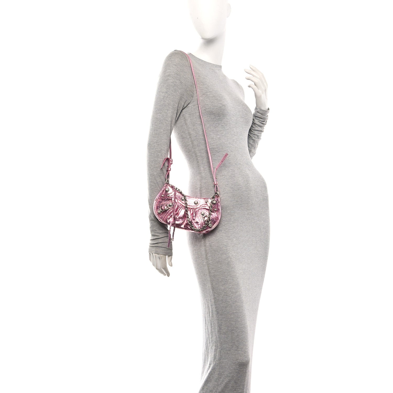 Metallic Agneau Arena Crystal Le Cagole Mini Purse With Chain Met Pink