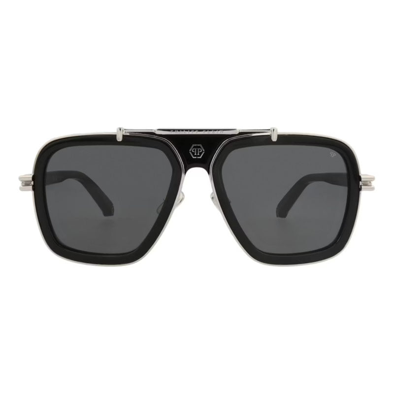 Philipp Plein Sunglasses Aviator Full Rim, Shiny Black Frame and Smoke Grey Lens SPP109M0700