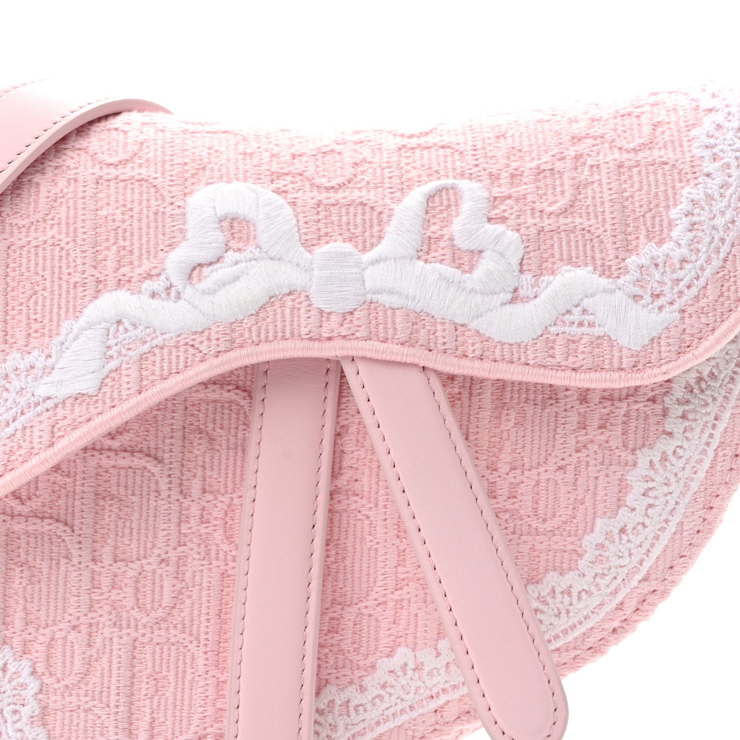 Oblique Embroidered Lace Dioramour Small Saddle Bag With Strap Soupir Pink White