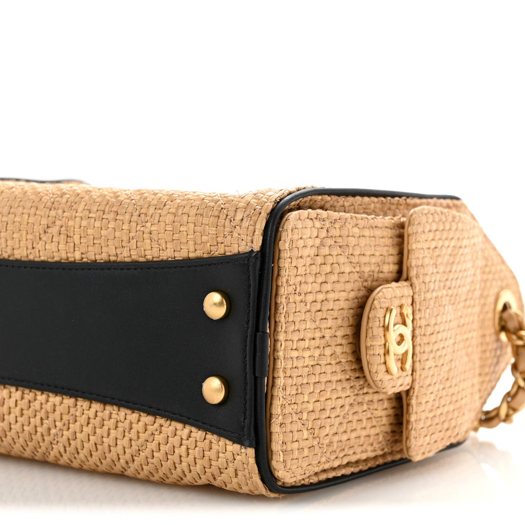 Braided Raffia Calfskin Quilted Mini Chanel 25 Handbag Beige Black