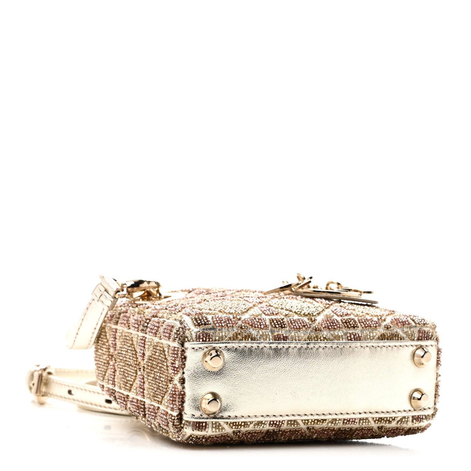 Metallic Lambskin Cannage Beaded Embroidered Micro Lady Dior Gold
