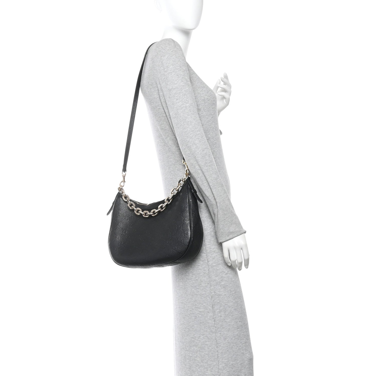 GG Grainy Calfskin Emblem Large Half Moon Shoulder Bag Black