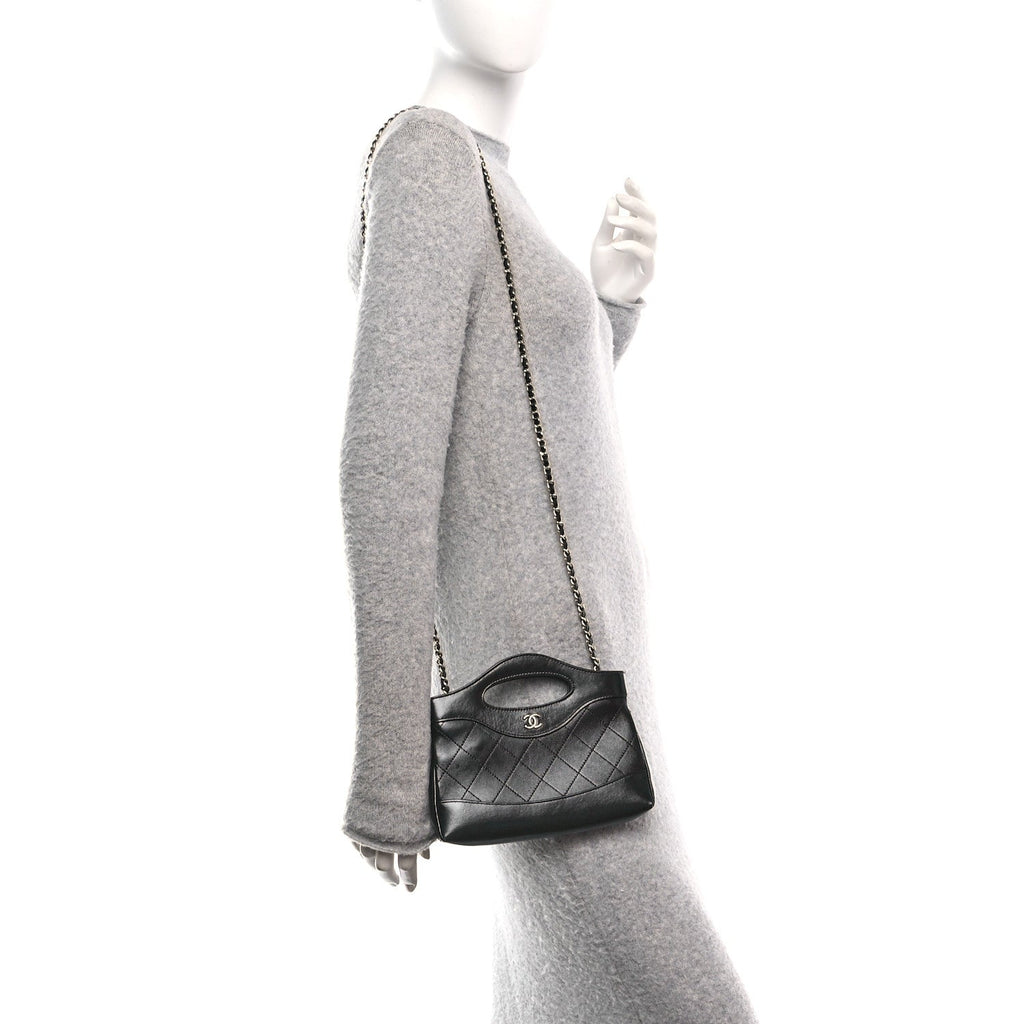 Shiny Crumpled Calfskin Quilted Nano 31 Shopping Bag Black