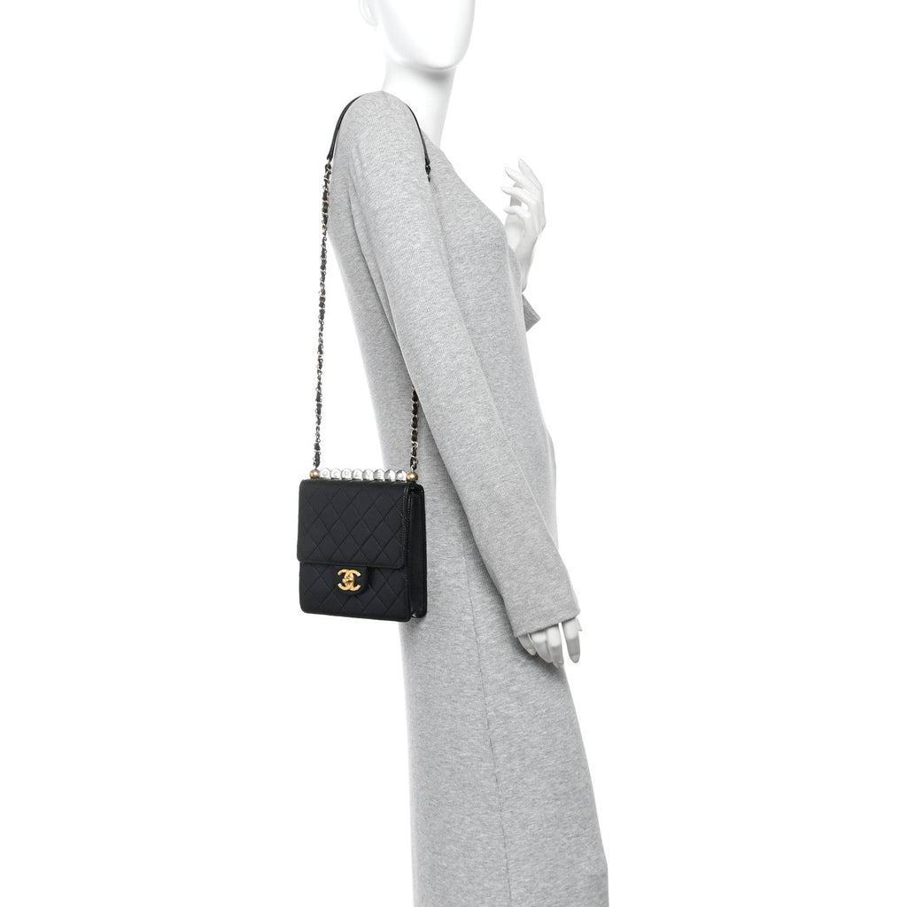 Goatskin Quilted Chic Pearls Flap Black