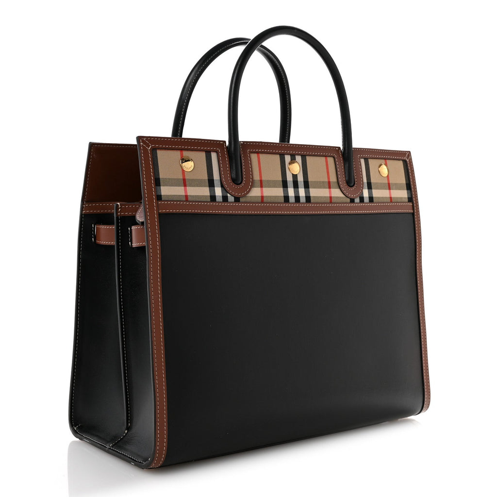 Calfskin Vintage Check Medium Two Handle Title Bag Black