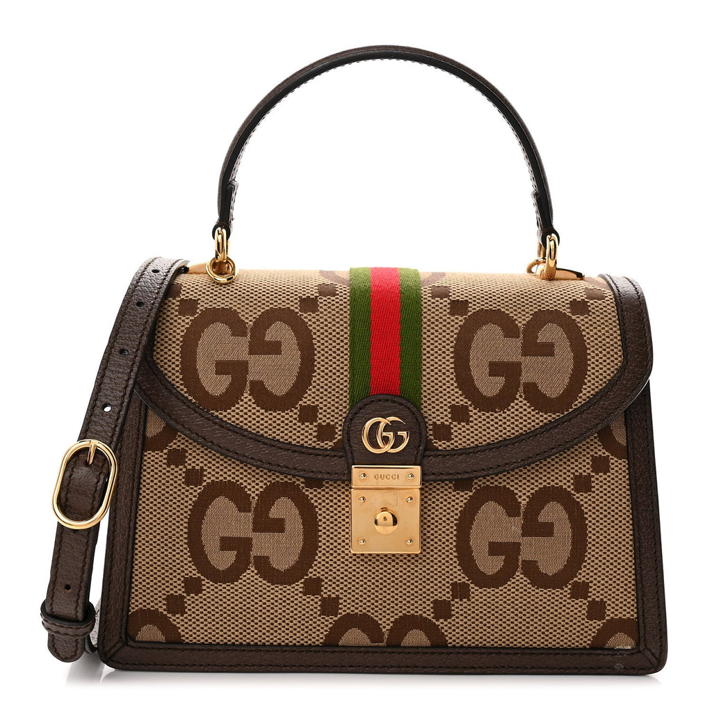 Monogram Jumbo GG Textured Dollar Calfskin Web Small Ophidia Padlock Top Handle Bag Camel Ebony New Acero