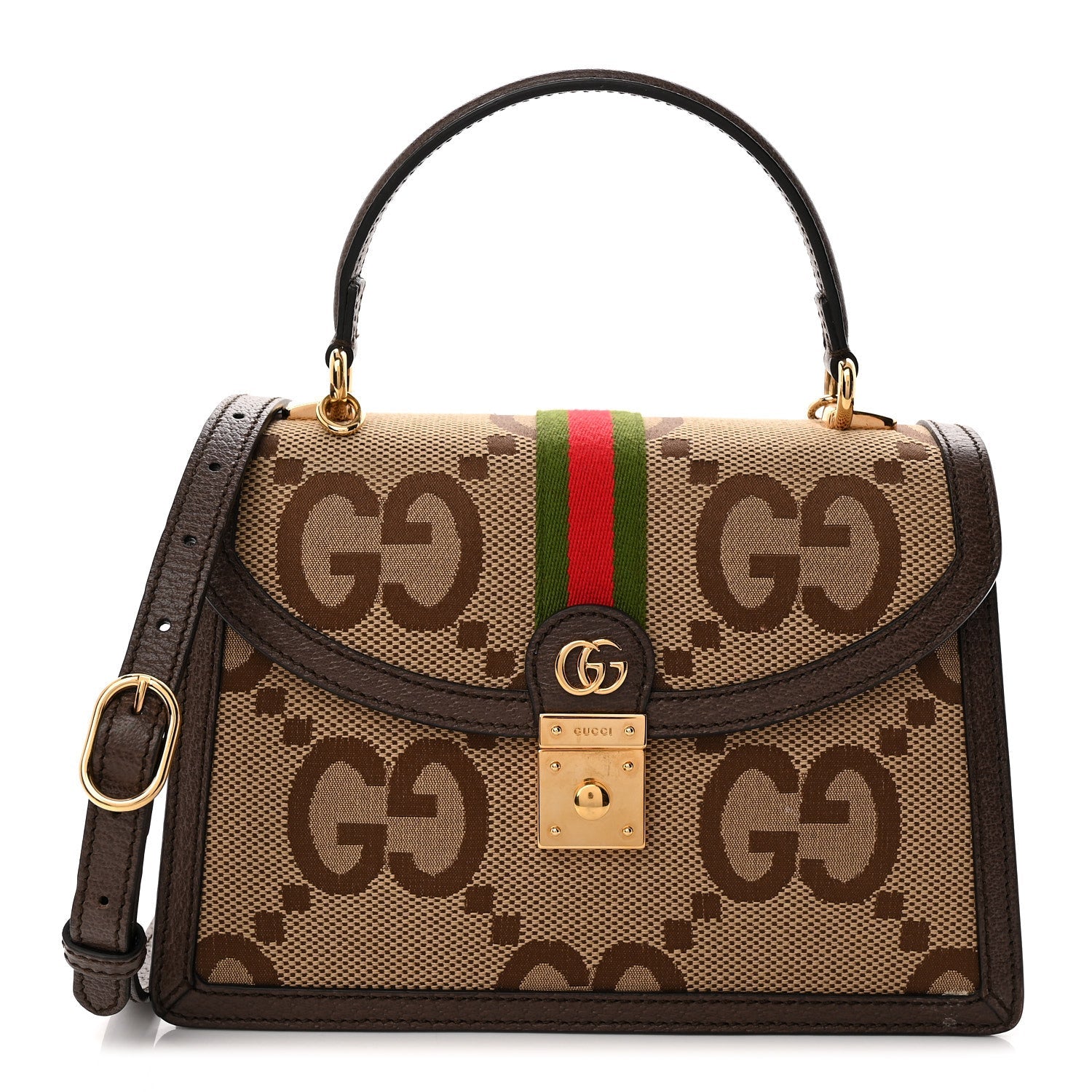 Monogram Jumbo GG Textured Dollar Calfskin Web Small Ophidia Padlock Top Handle Bag Camel Ebony New Acero