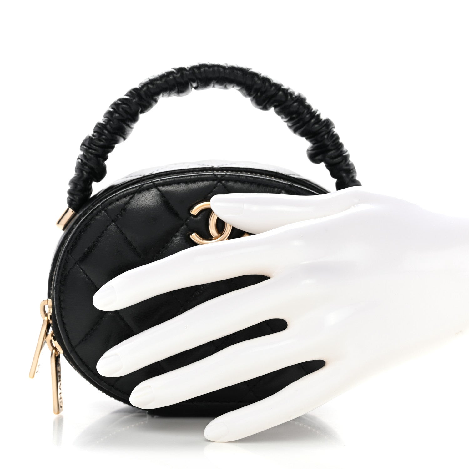 Lambskin Quilted Ruched Top Handle Vanity Case Pink Black