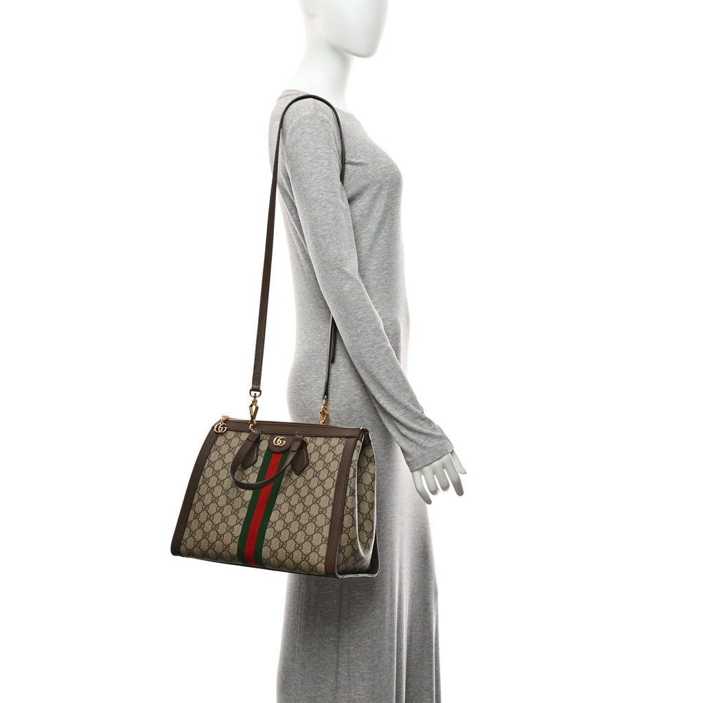 GG Supreme Monogram Web Medium Ophidia Tote Bag Brown