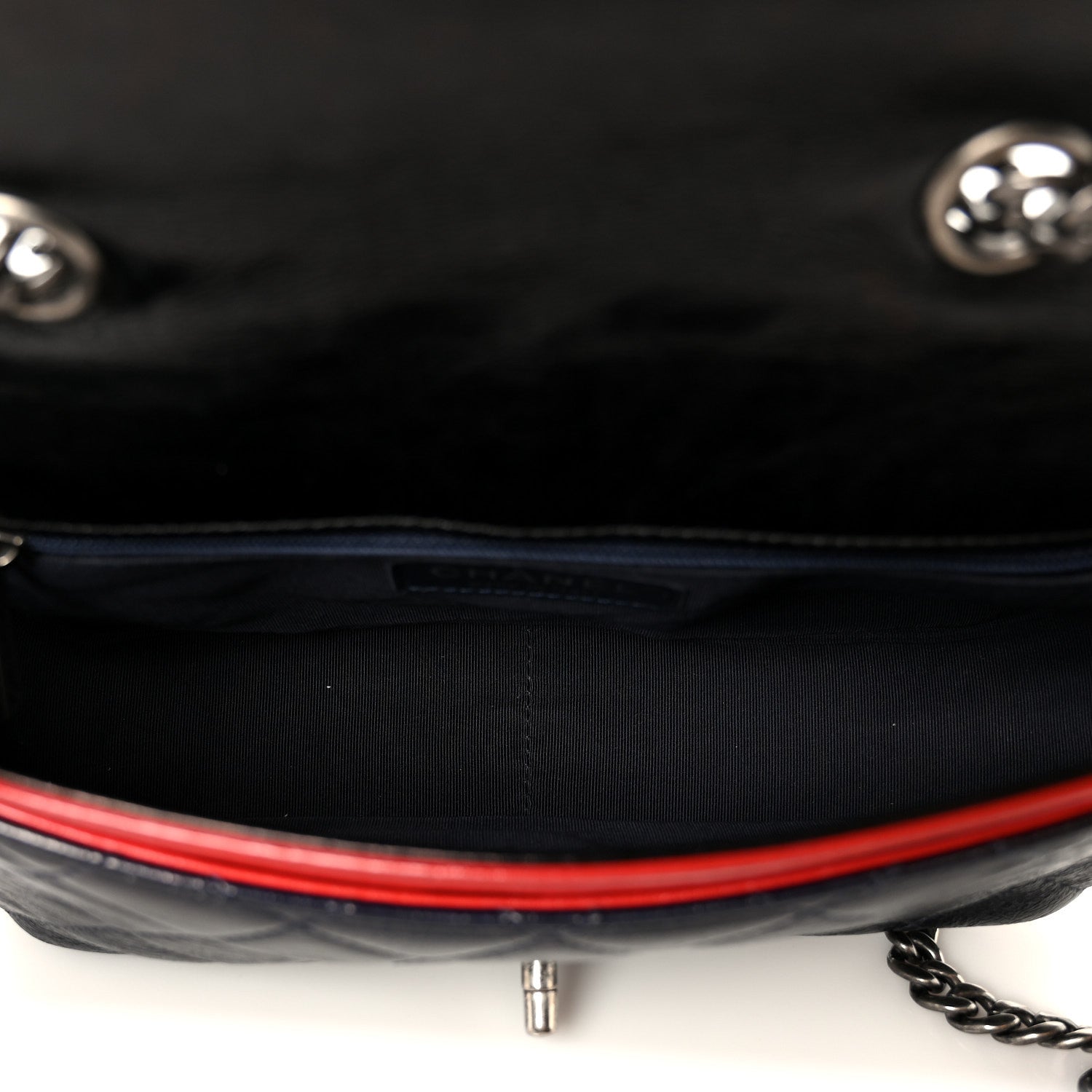 Shiny Goatskin Quilted Tri-Color Flap Black Red Navy