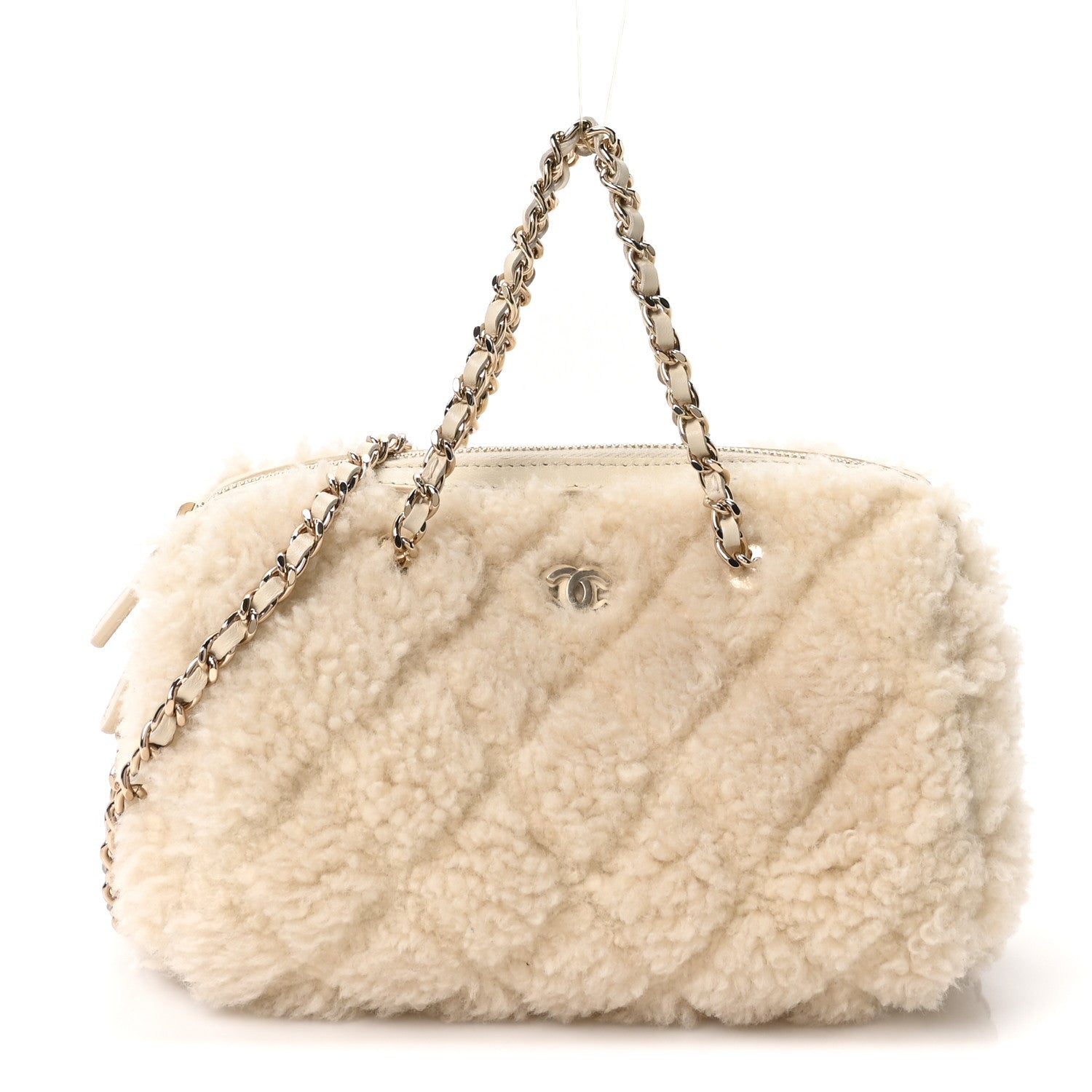 Shearling Quilted Barrel Clutch With Chain Beige
