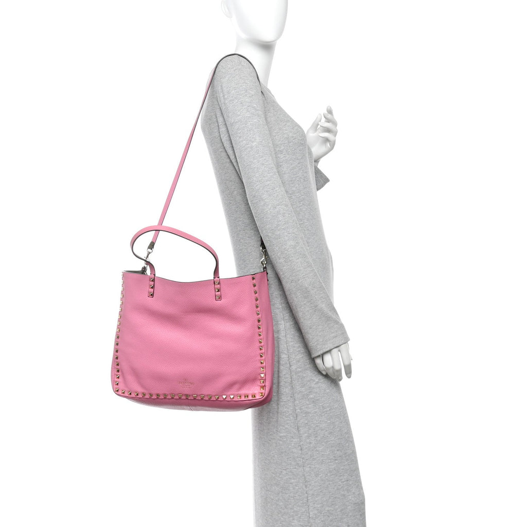Grained Calfskin Medium Rockstud Reversible Tote Army Green Pink