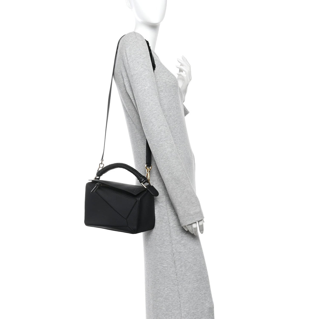 Calfskin Small Woven Puzzle Bag Black
