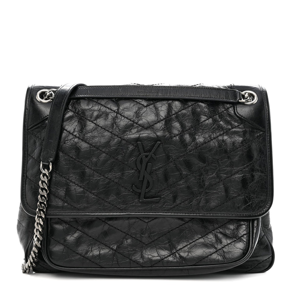 Crinkled Calfskin Matelasse Monogram Large Niki Chain Satchel Black