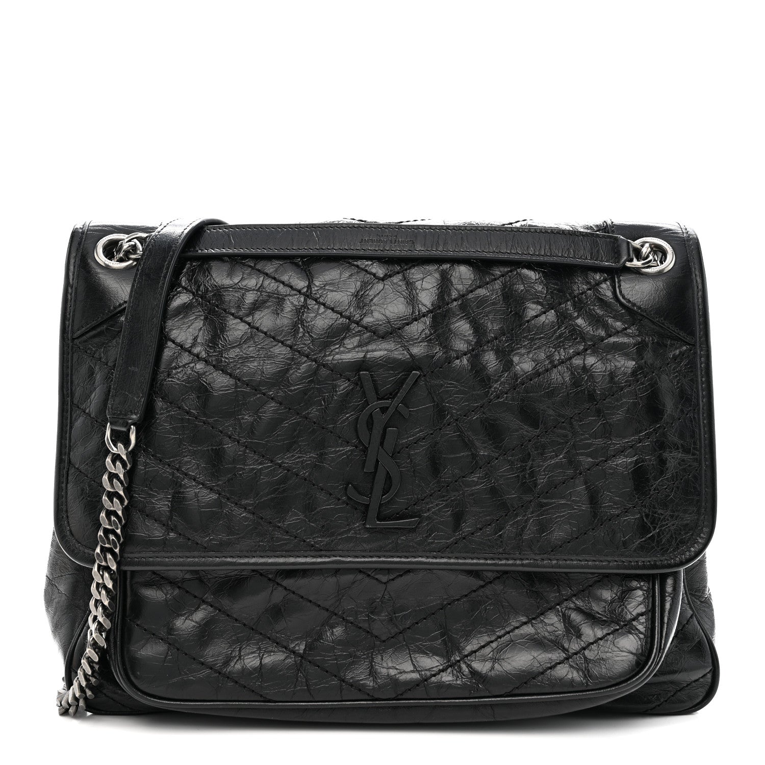 Crinkled Calfskin Matelasse Monogram Large Niki Chain Satchel Black