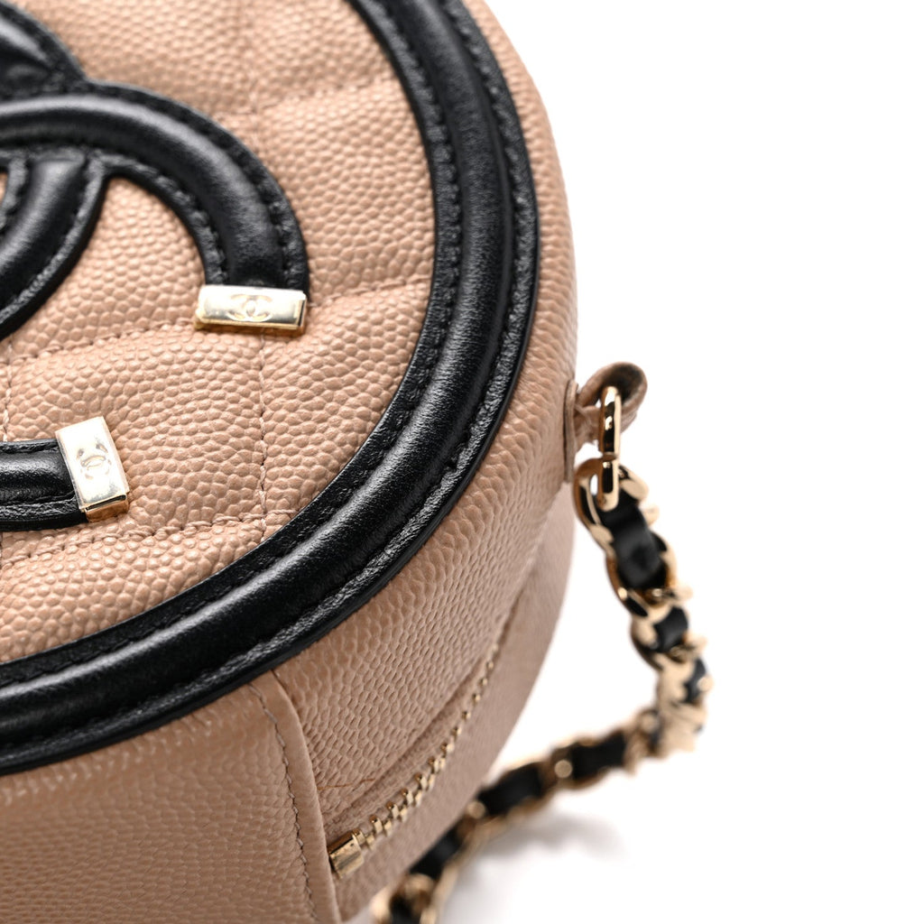 Caviar Quilted Round Filigree Crossbody Beige Black