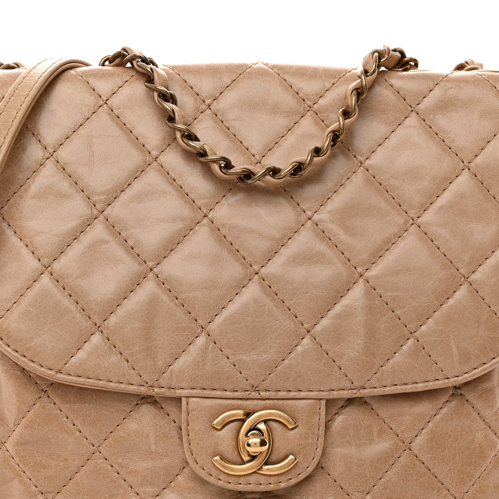 Glazed Calfskin Quilted Medium Bubble CC Flap Beige