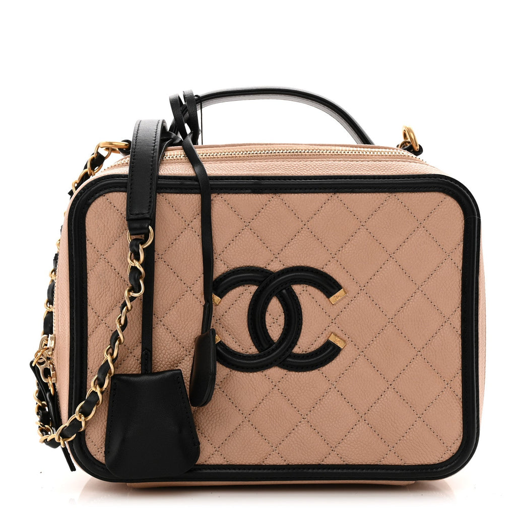 Caviar Quilted Large CC Filigree Vanity Case Beige Black