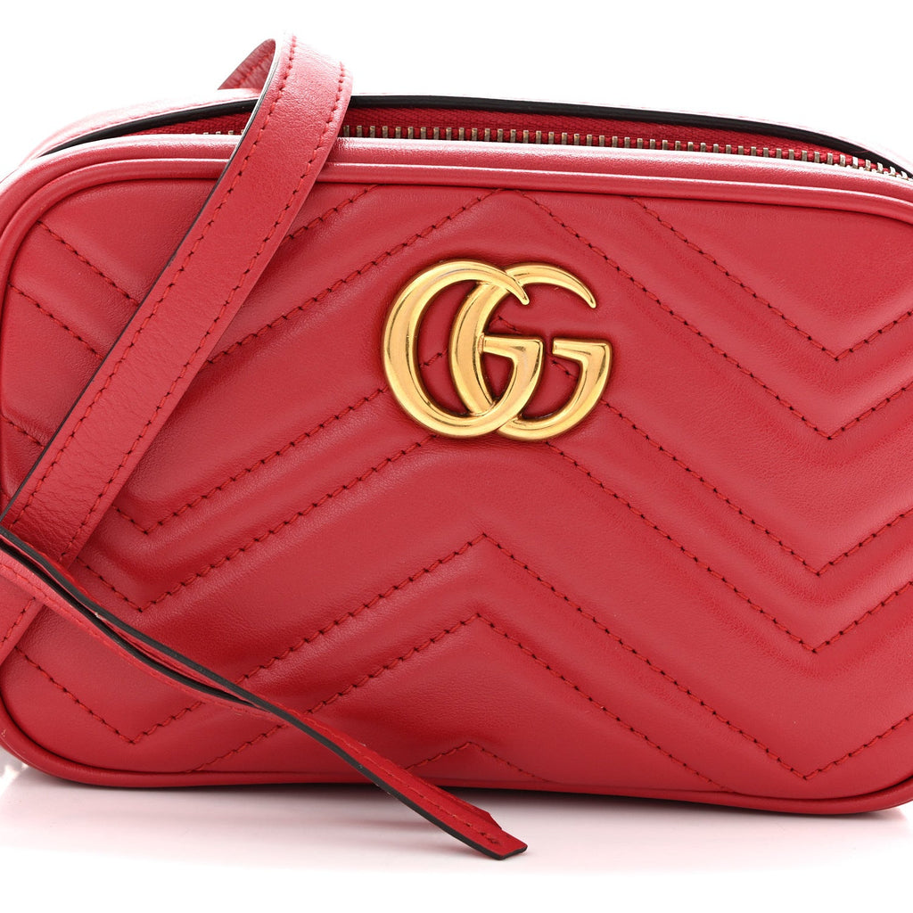 Calfskin Matelasse Mini GG Marmont Chain Shoulder Bag Hibiscus Red