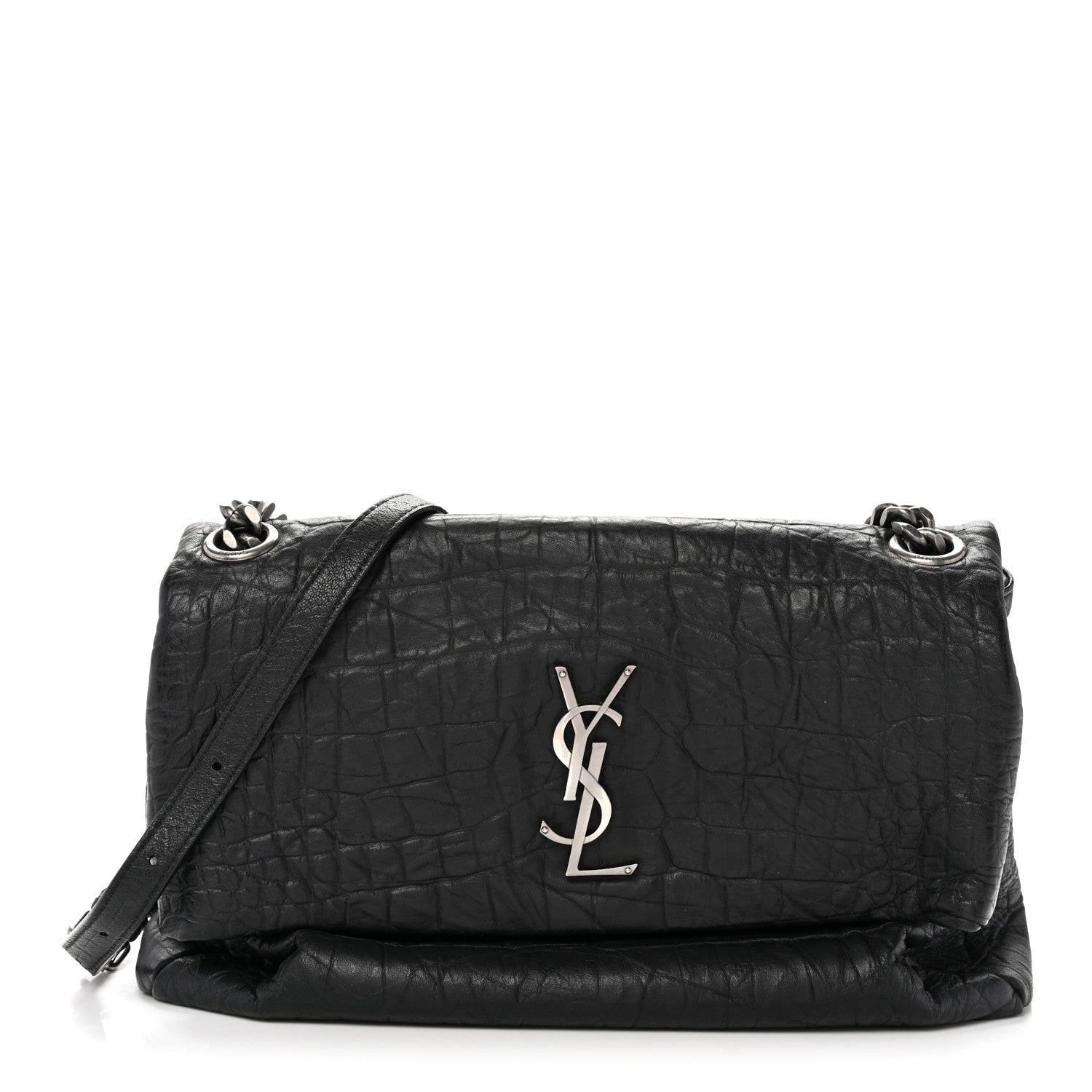 Calfskin Crocodile Embossed Medium West Hollywood Monogram Fold-Over Black