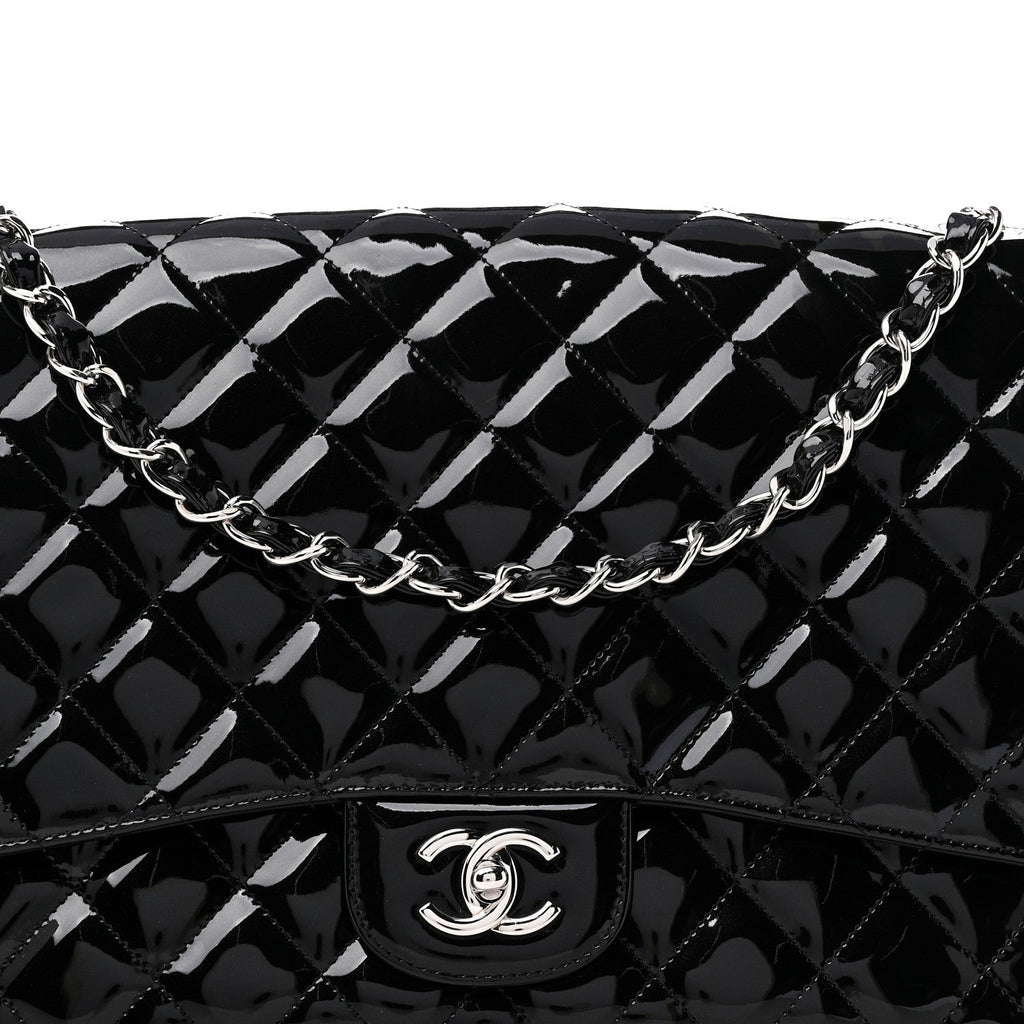 Patent Calfskin Sparkle Quilted Maxi Single Flap Black