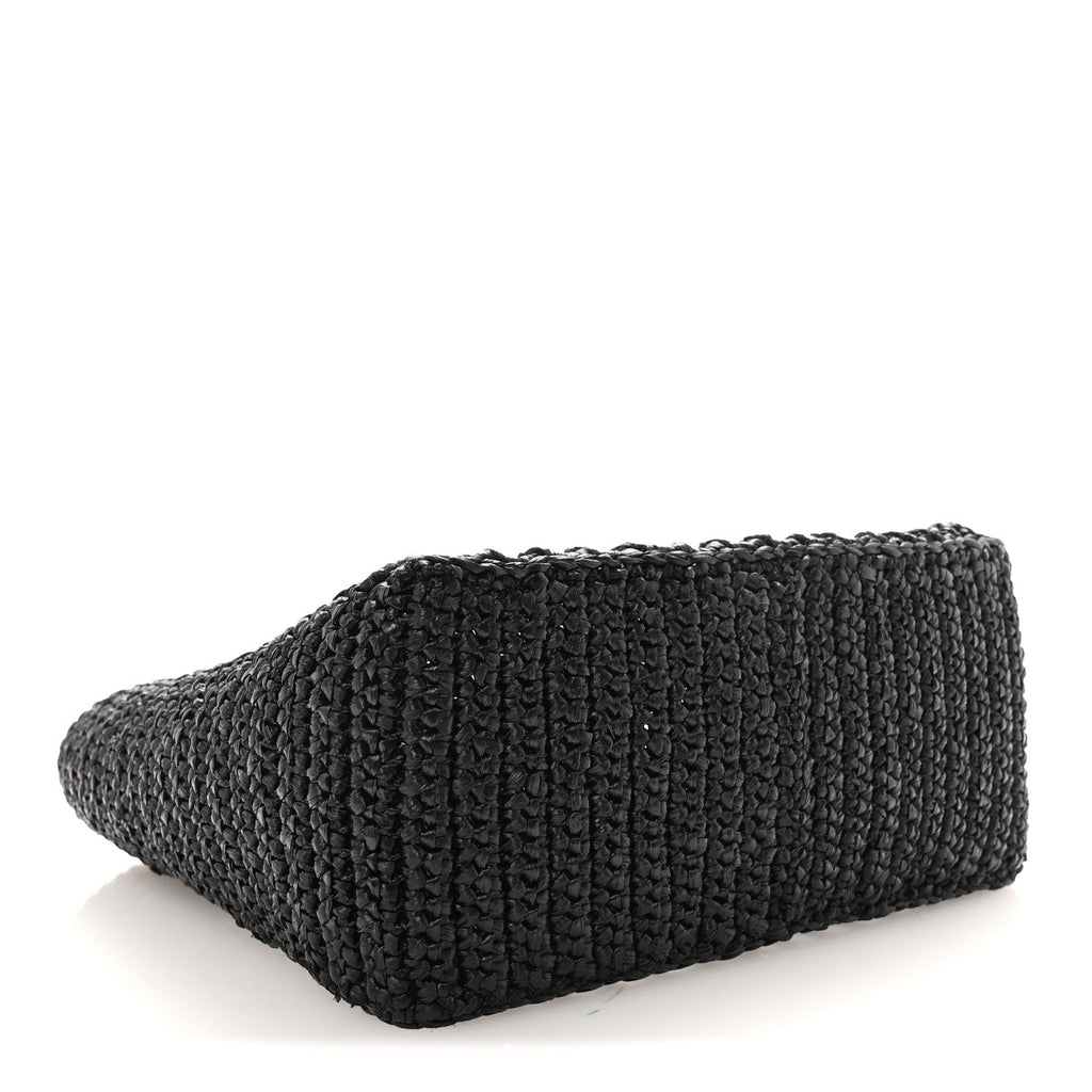 Yarn Raffia Effect Crochet Logo Embroidered Small Tote Bag Black