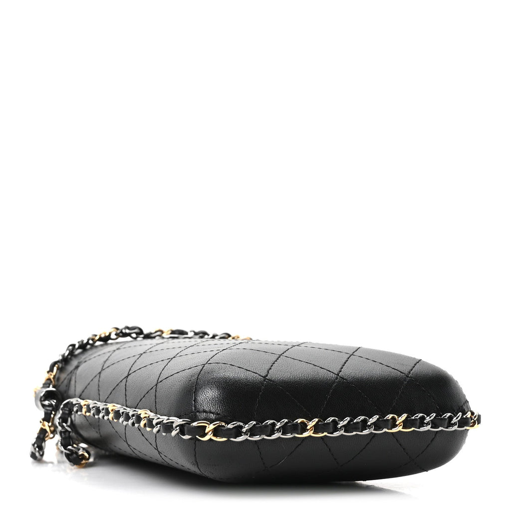 Lambskin Quilted Chain Around Phone Holder Black