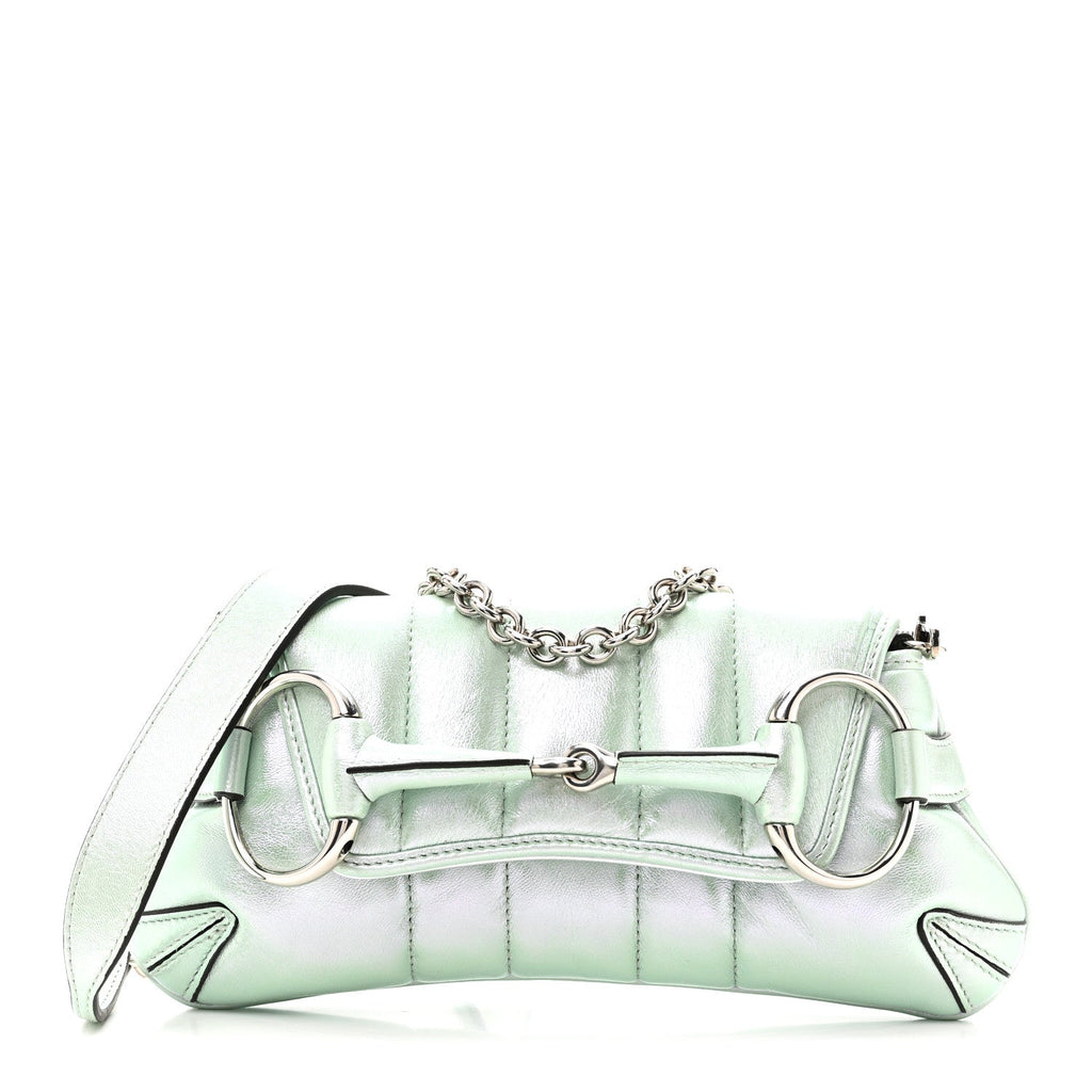 Iridescent Nappa Vertical Matelasse Small Maxi Horsebit Chain Shoulder Bag Iridescent Salvy Green