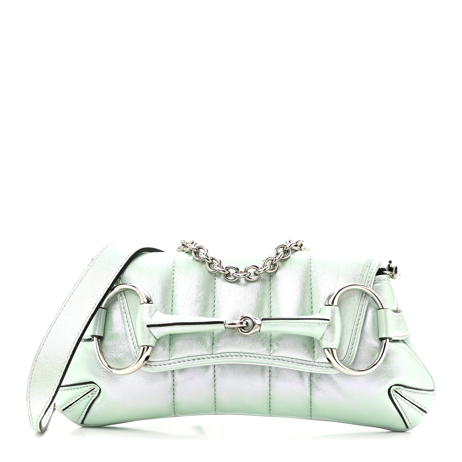 Iridescent Nappa Vertical Matelasse Small Maxi Horsebit Chain Shoulder Bag Iridescent Salvy Green
