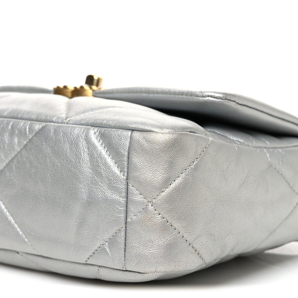 Metallic Goatskin Quilted Medium Chanel 19 Flap Silver