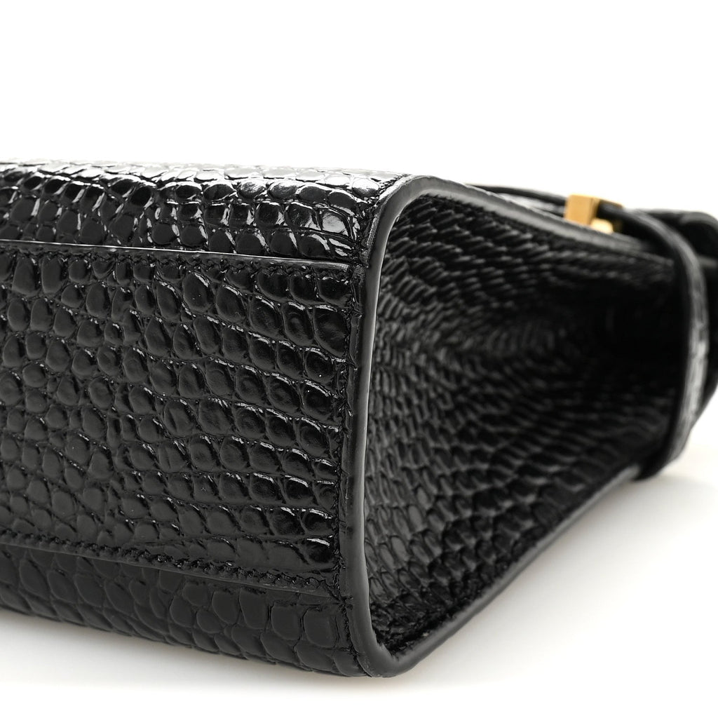 Shiny Calfskin Crocodile Embossed Manhattan Baguette Black