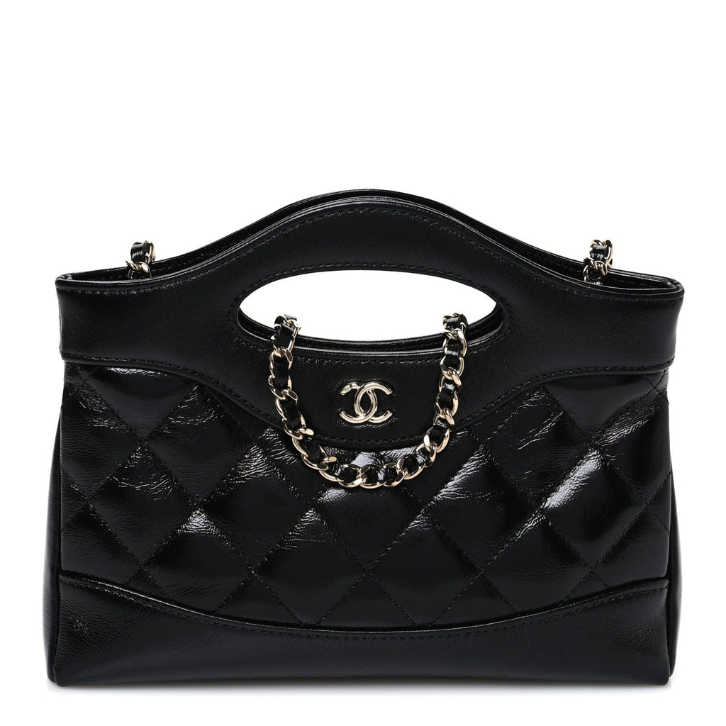 Shiny Crumpled Calfskin Quilted Nano 31 Shopping Bag Black
