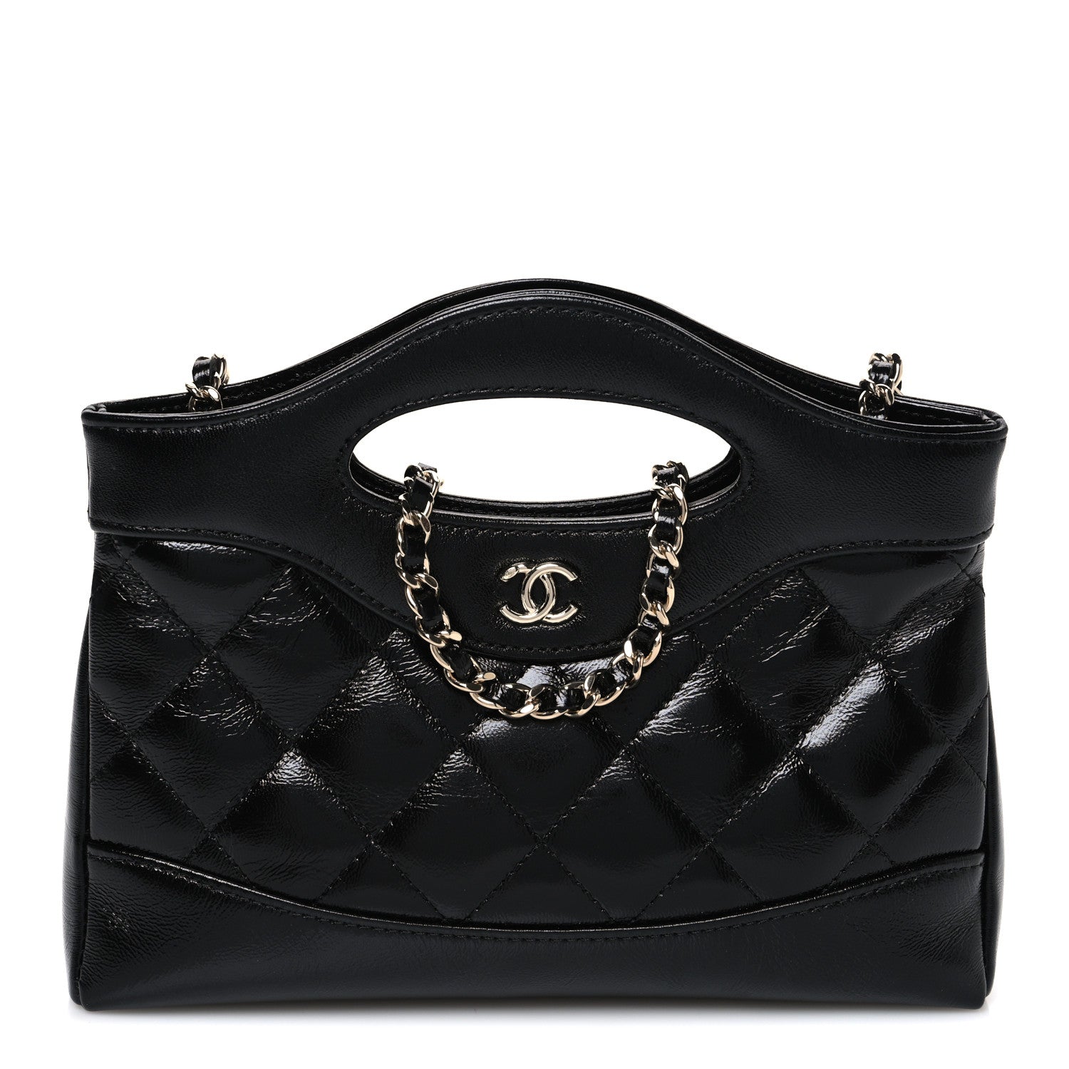Shiny Crumpled Calfskin Quilted Nano 31 Shopping Bag Black