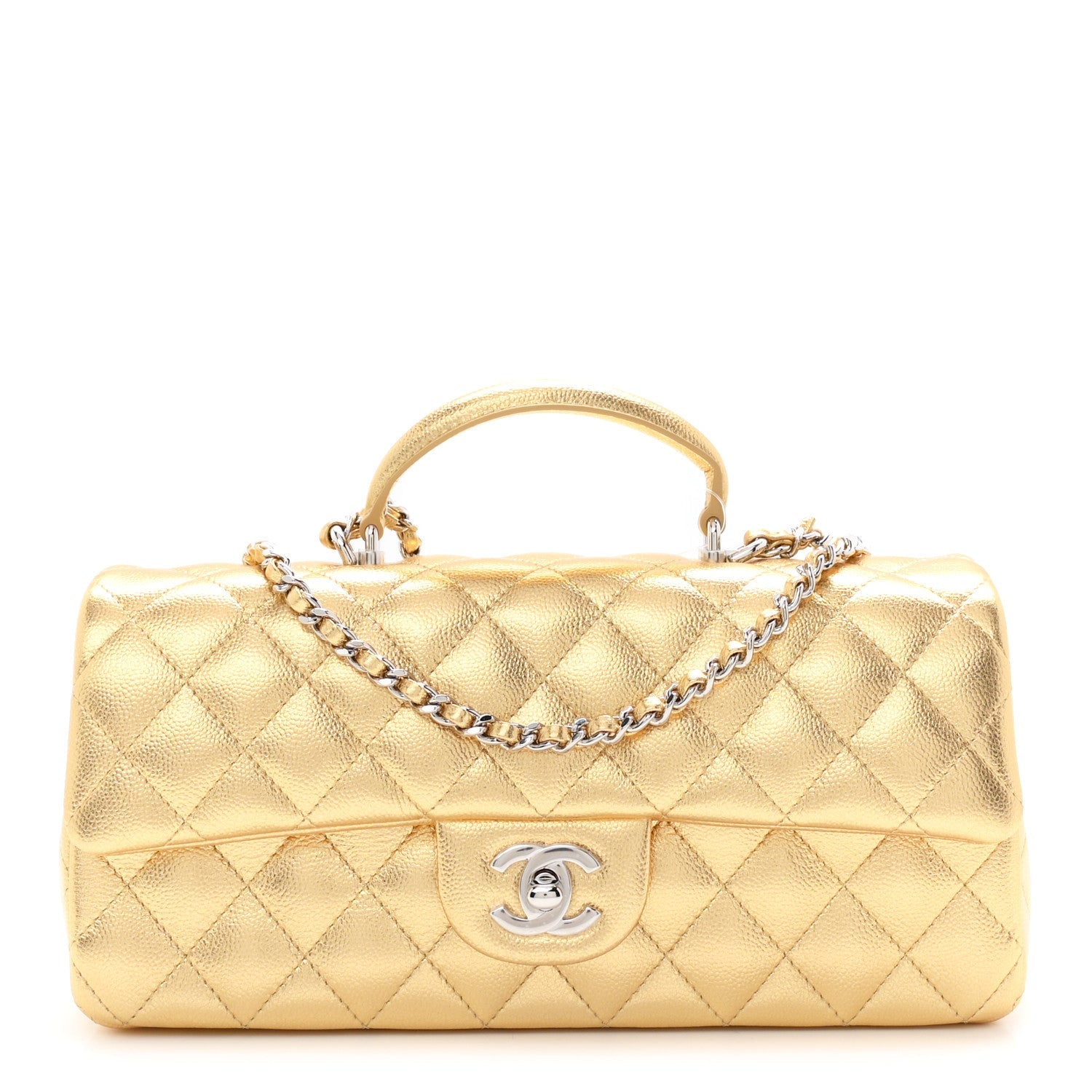 Metallic Caviar Quilted Top Handle East West Flap Gold Gold