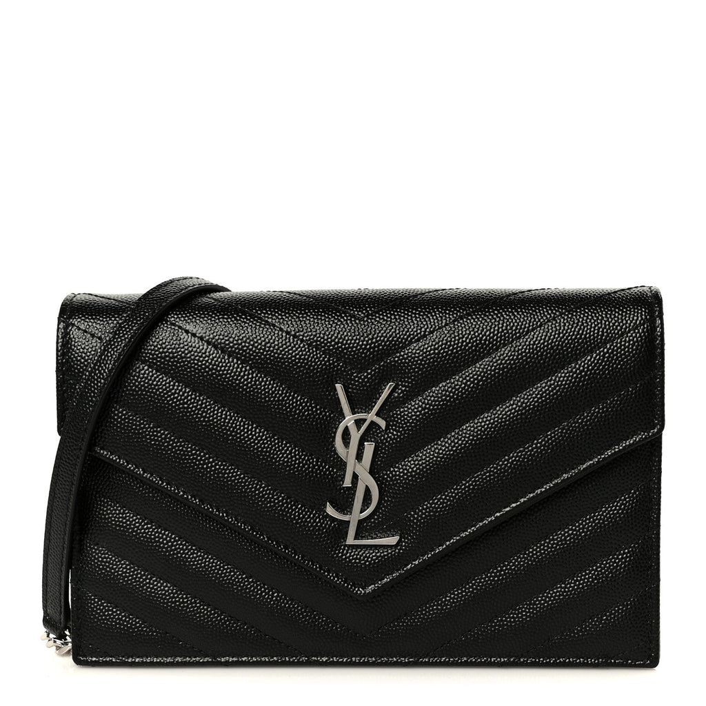 Grain De Poudre Matelasse Chevron Monogram Envelope Chain Wallet Black