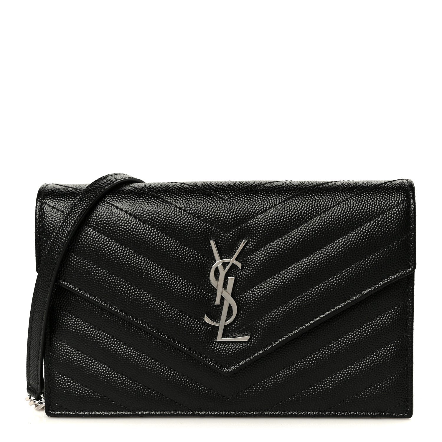 Grain De Poudre Matelasse Chevron Monogram Envelope Chain Wallet Black